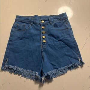 Denim Frayed Hem Women High Waisted Button Shorts